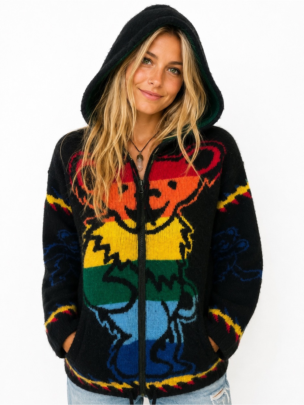Grateful Dead Dancing Bear Rainbow Knit Zip Hoodie Sweater Full Zip Deadhead